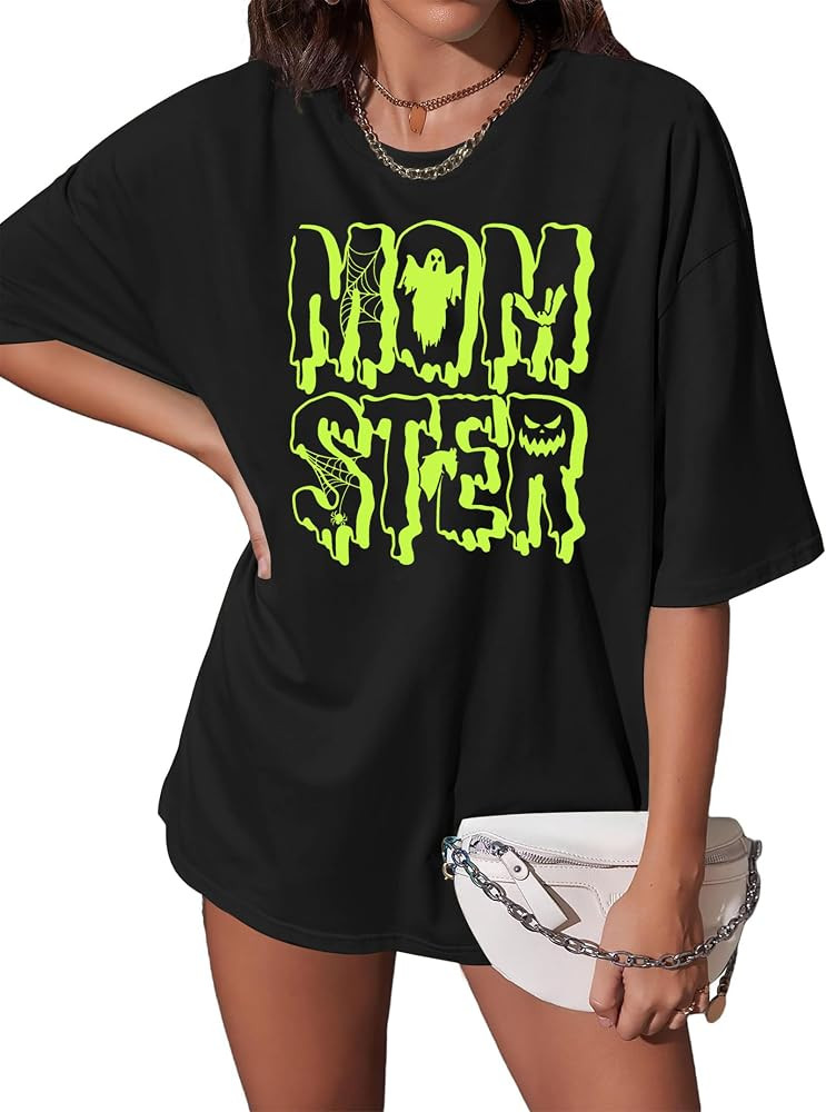 Halloween Momster Oversized Shirts for Women Mom Ster Graphic T-Shirt Spider Bat Spooky Tee Top | Amazon (US)