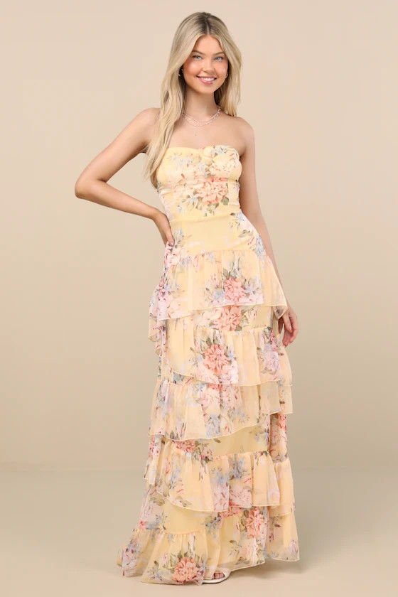 Niyati Yellow Floral Strapless Tiered Maxi Dress | Lulus