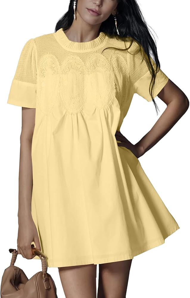 Shiyifa Womens Babydoll Lace Patchwork Dresses Summer Short Sleeve Ruffle Sundress Loose Crew Nec... | Amazon (US)
