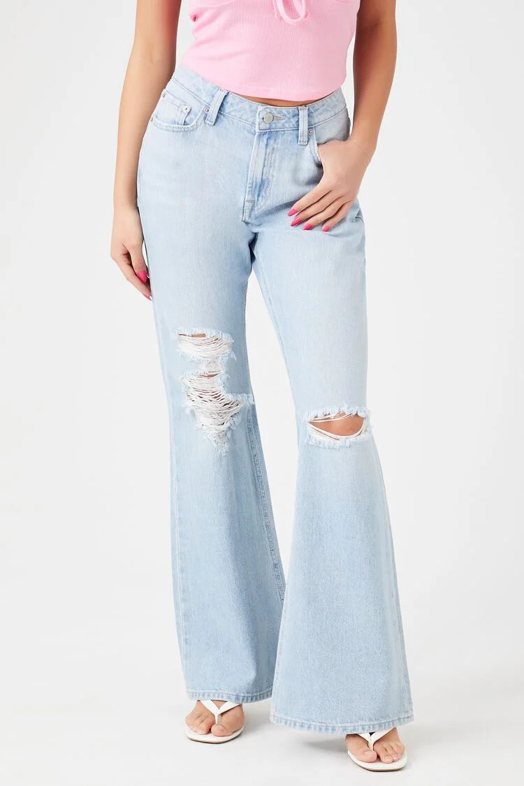Women's Distressed Flare Jeans in Light Denim, 25 | Forever 21 (US)