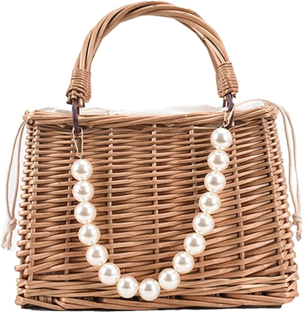 BMTLFG Rattan Woven Tote Bags Natural Chic Summer Beach Tote Pearl Basket Handbag Ladies Beach Women | Amazon (US)