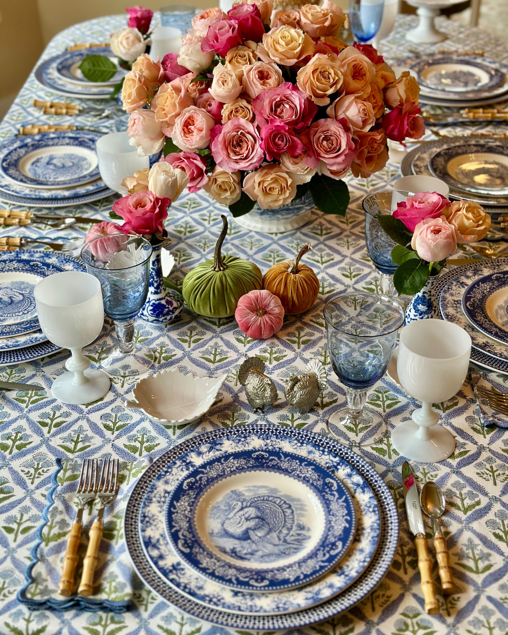 Thanksgiving table in blue and white Spode English china turkey plates fall table Williams Sonoma block printed linens bamboo flatwaree 

#LTKSeasonal #LTKParties #LTKHome