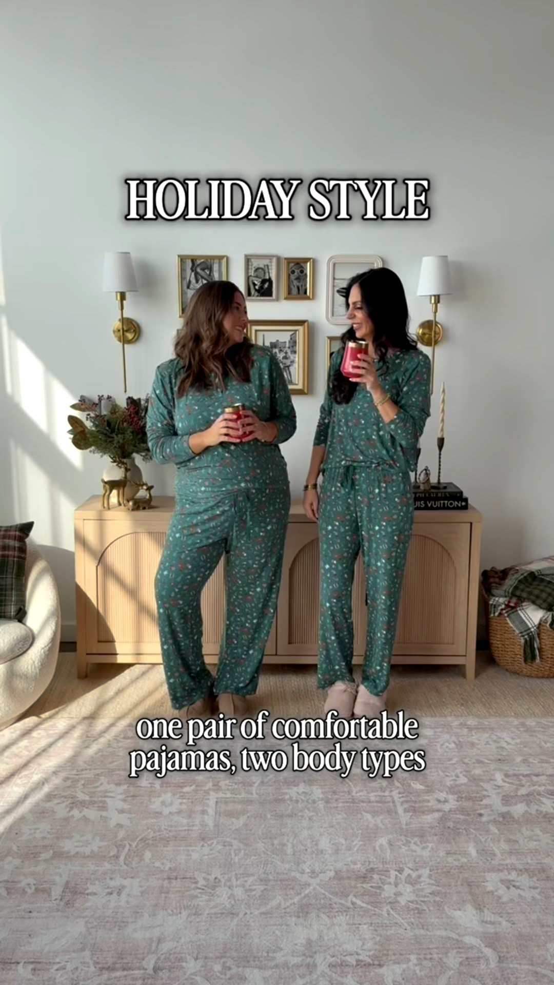 Matching pajamas- 2 body types, I pair of perfect and affordable pajamas! 
@caralynmirand is in a xl 
I am in a small 
#ltkunder50

#LTKMidsize #LTKHoliday #LTKOver40