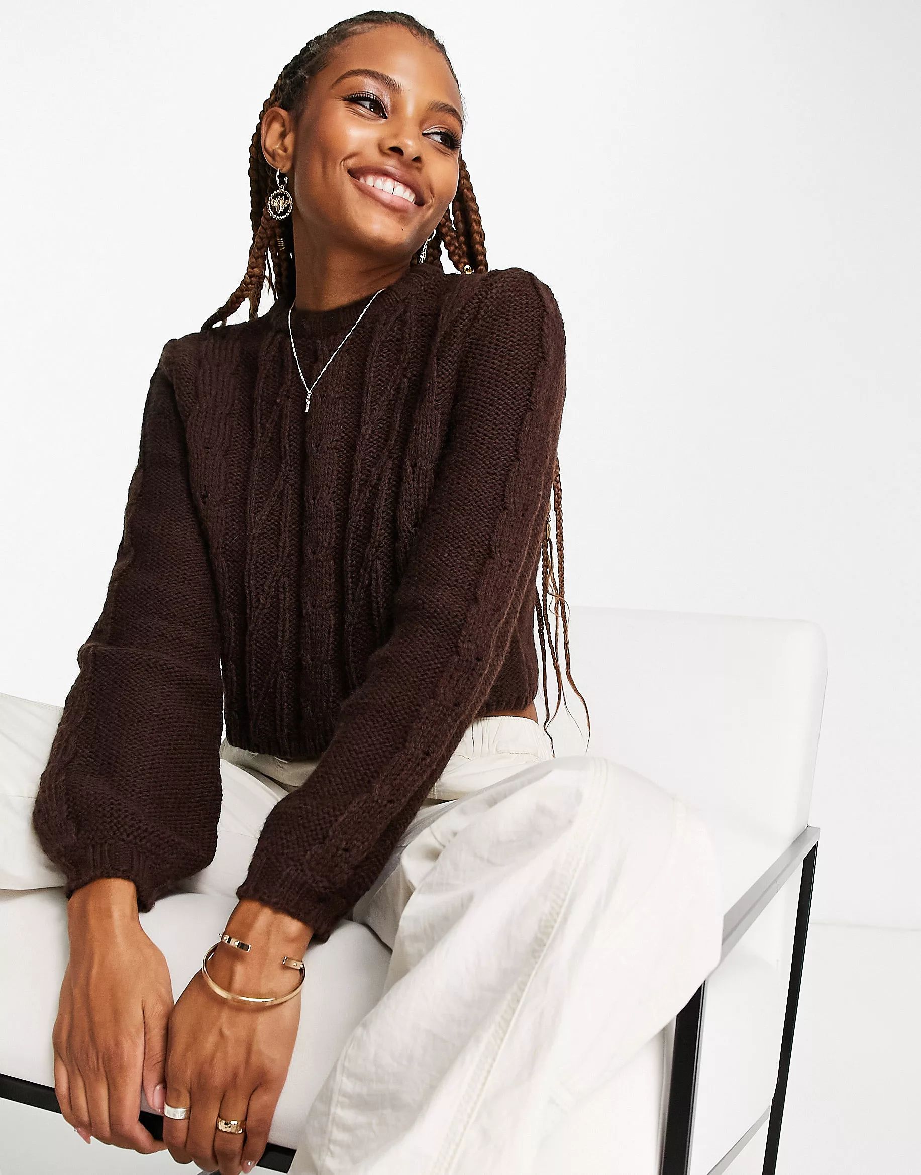 Monki cable knit cropped sweater in brown | ASOS (Global)