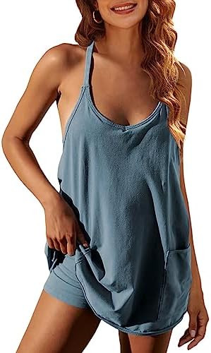 Zhiyouni Women's Summer Sleeveless Mini Dress V Neck Spaghetti Straps Athletic Built-in Shorts Su... | Amazon (US)