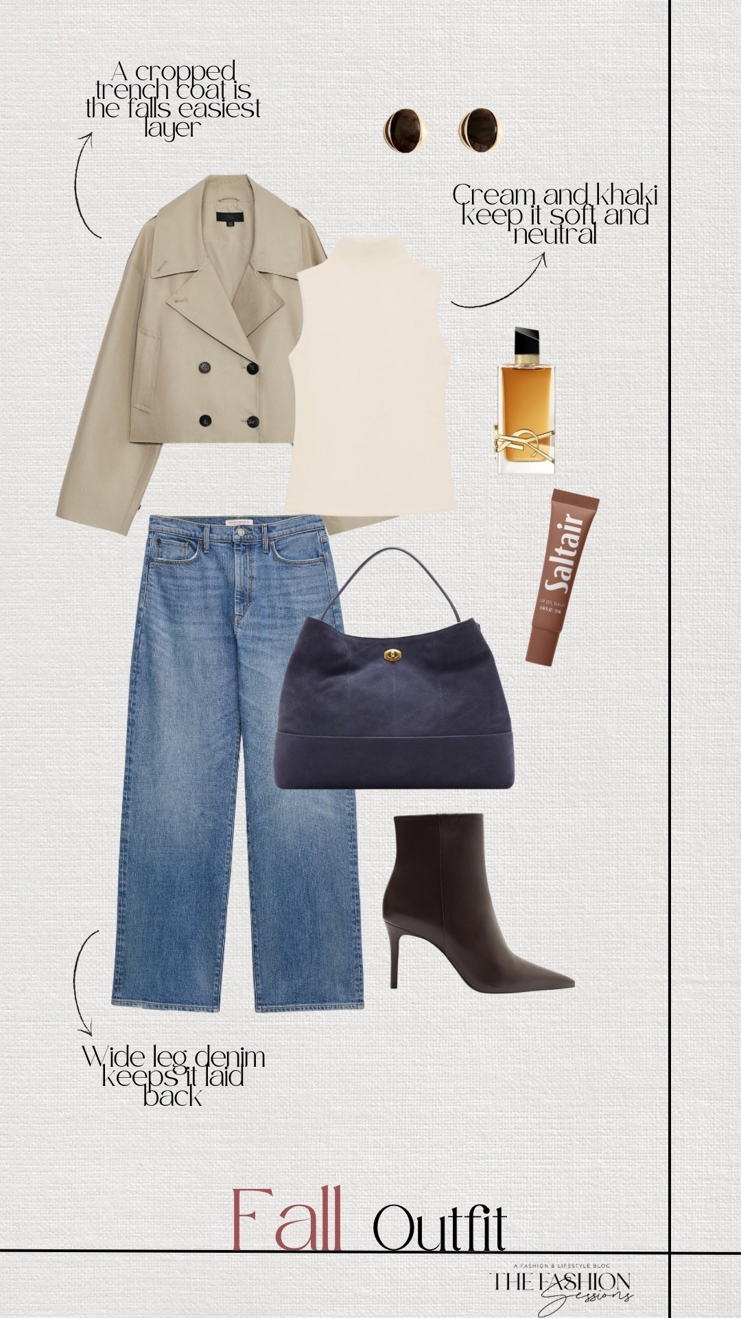Casual fall outfit: a cropped khaki trench coat, cream sleeveless mock neck top, and wide leg medium wash jeans. Cream and khaki keep it soft and neutral, and the cropped trench is fall's easiest layer. Styled with brown pointed heel boots, a navy suede bag, brown stone studs, YSL Libre perfume, and Saltair lip oil. Perfect for errands, brunch, or date night. Shop below.

#LTKootd #LTKSeasonal #LTKOver40