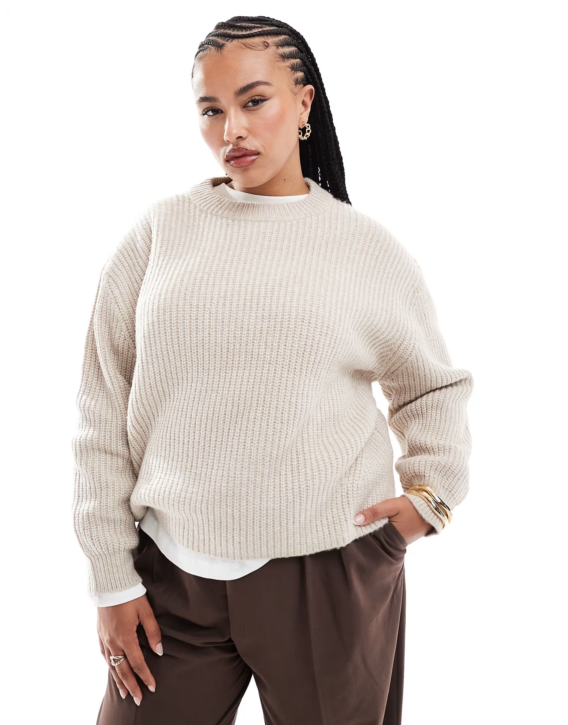 ASOS DESIGN Curve chunky crew neck rib sweater in oatmeal | ASOS (Global)