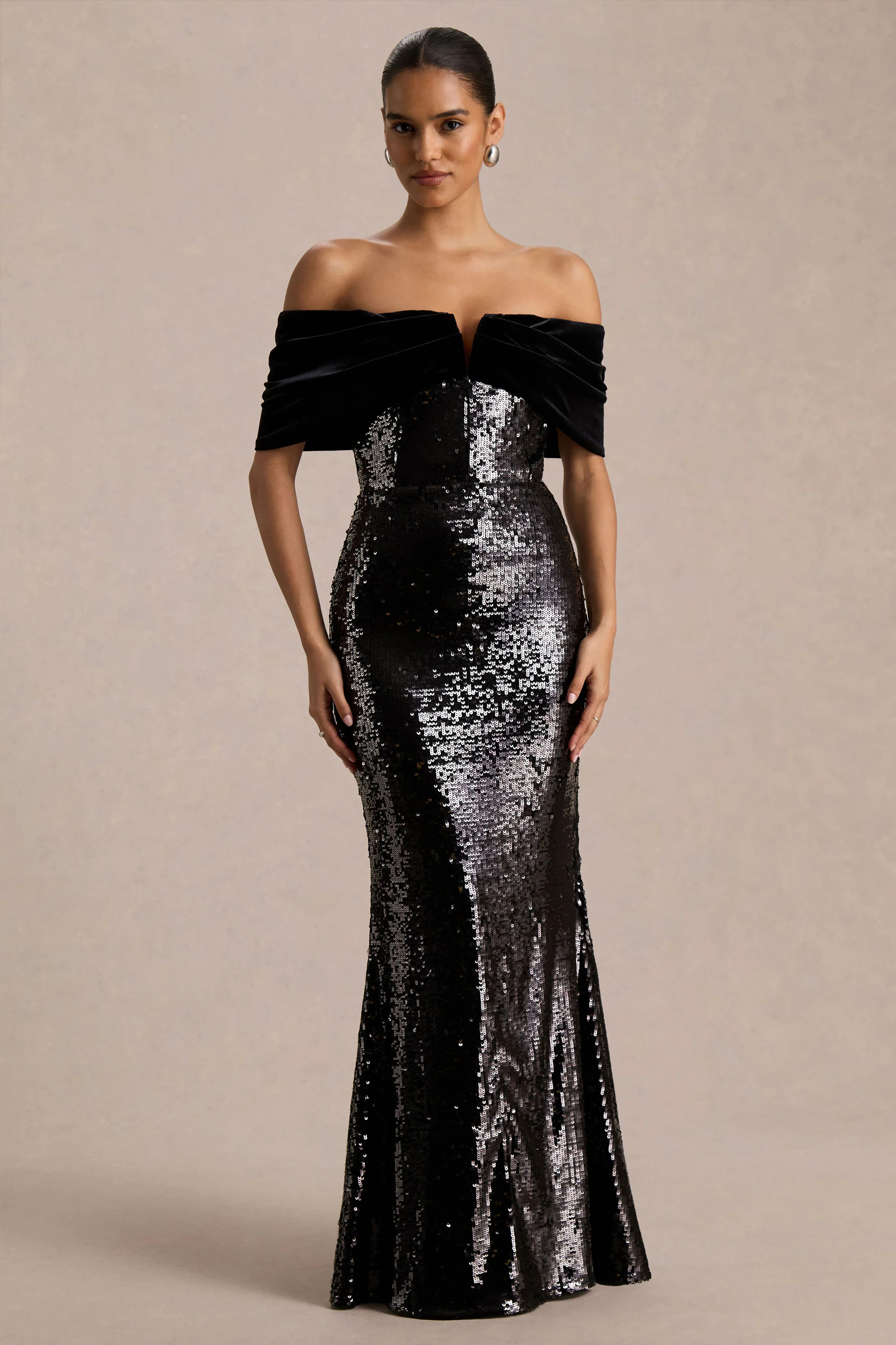 Bex | Black Sequin Bardot-Neck Maxi Dress | Club L London