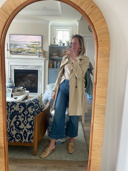 Wide leg jeans beach sweater trench coat raffia mules rattan earrings 
Anthropologie Colette pants jcrew factory lisi lerch 

#LTKstyletip #LTKshoecrush #LTKSeasonal