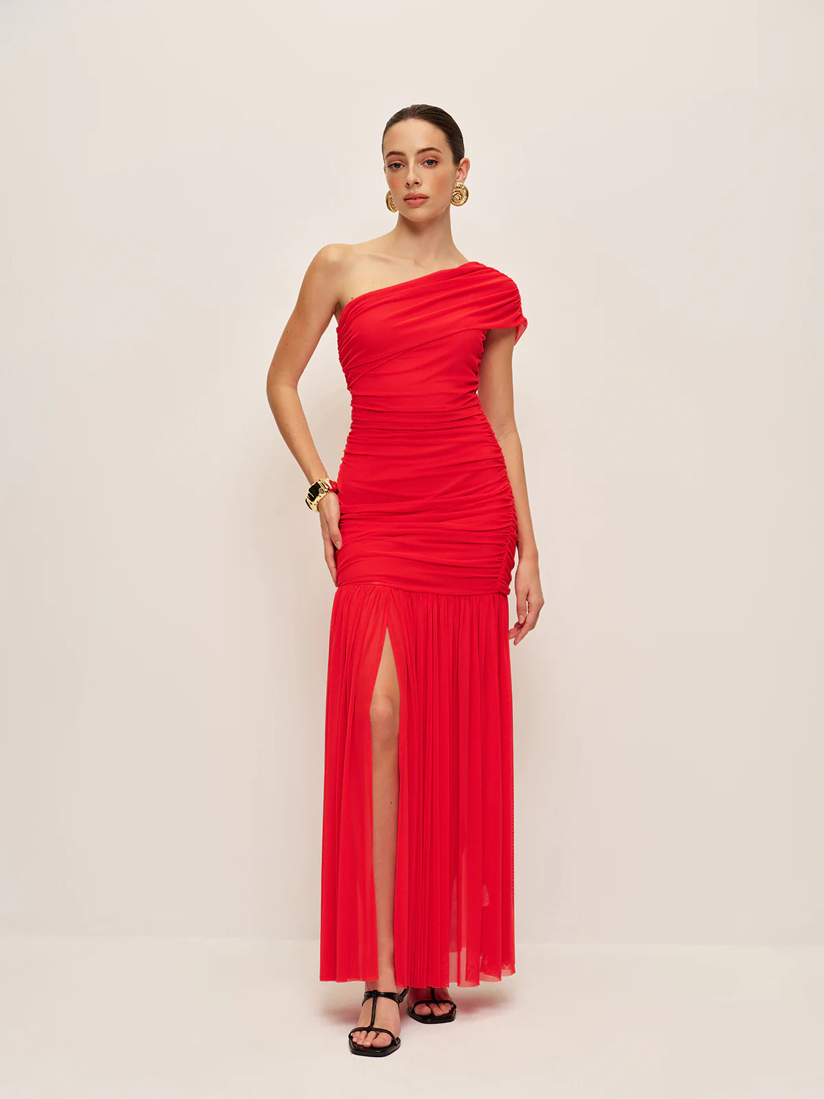 Ruched One-Shoulder Split Dress | Commense