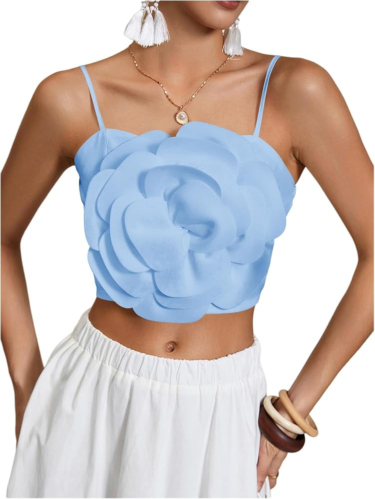 OYOANGLE Women's 3D Floral Cami Crop Tops Sleeveless Backless Summer Going Out Tops Vacation Part... | Amazon (US)