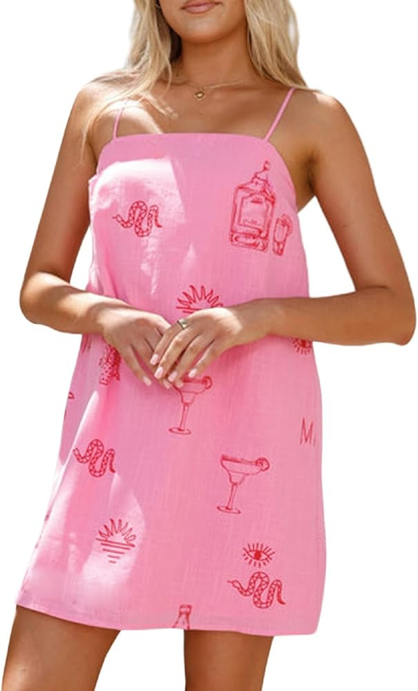 Women Boho Mini Cami Dress Graffiti Spaghetti Strap Aline Fruit Dress Cute Colofrul Short Beach S... | Amazon (US)