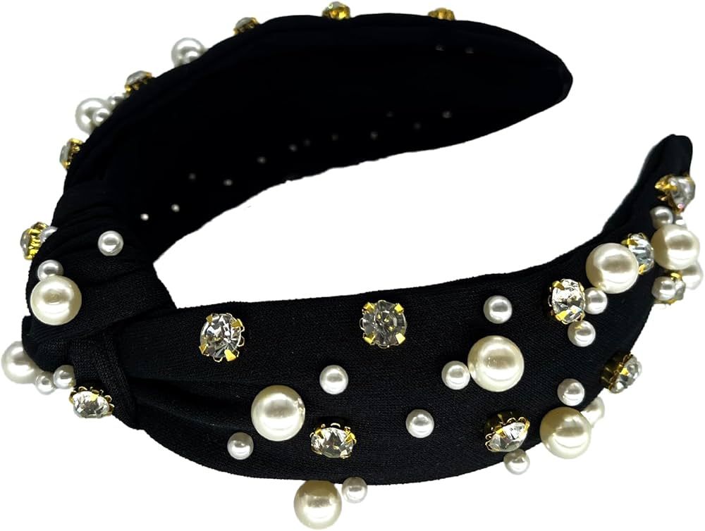 SZJULR Crystal Knotted Women Headband Pearl Luxury Black Hairband Wide Rhinestone Crystal Beaded ... | Amazon (US)