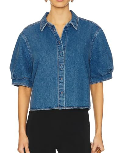EZAPINE Denim Shirt Women Puff Sleeve Cropped Button Down Jean Tops Summer Business Casual Tops Dark Blue | Amazon (US)