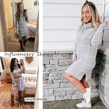 luvamia Women Casual Turtleneck Knitted Sweater Cozy Grid Pullover Sweater Dress | Amazon (US)