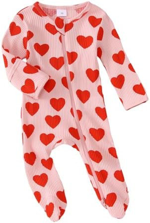 Newborn Infant Baby Girls Valentine 's Day Romper Long Sleeve Bodysuit Cute Heart Print Ribbed On... | Amazon (US)