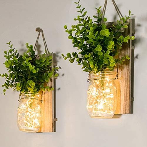 Mason Jar Sconces, Home Decoration, Rustic Wall Sconces, LED Fairy Lights, Green Fake Plant, Inte... | Amazon (US)