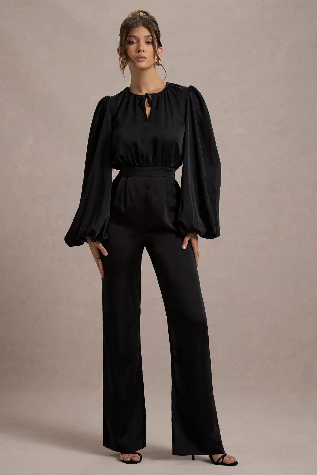 Suzanna | Black Satin Puff-Sleeve Wide-Leg Jumpsuit | Club L London