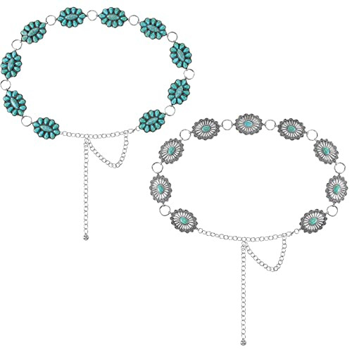 2 Pcs Turquoise Concho Chain Belt Adjustable Waist Belts for Women Western Metal Silver Belt for Dress Womens Turquoise Belt(Elegant Style) | Amazon (US)