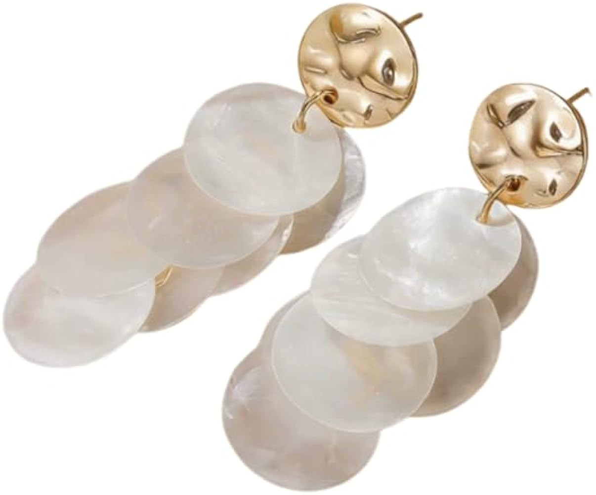 Boho Layered Disc Dangle Earrings for Women, Hammered Gold Shell/Acrylic Circle Drop Earrings, Su... | Amazon (US)