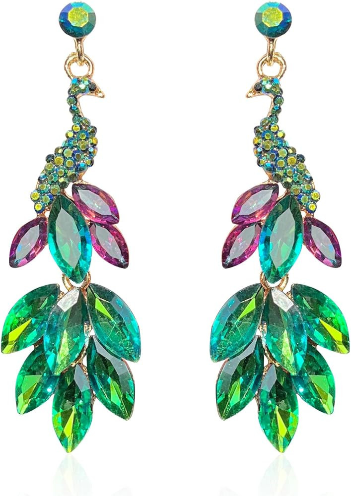 Vintage Peacock Dangle Earrings for Women Gold Plated Crystal Feather Peafowl Statement Drop Dang... | Amazon (US)