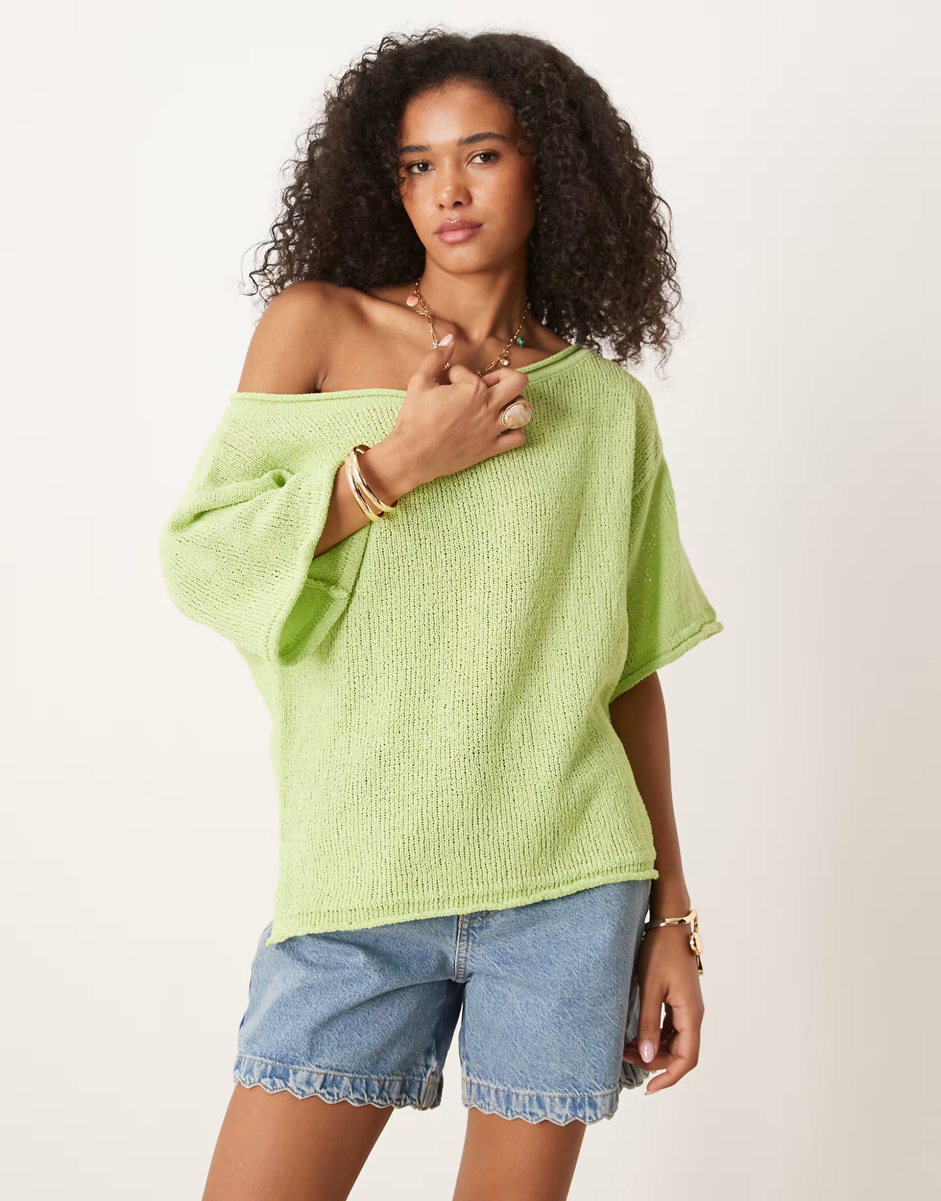 ASOS DESIGN - Losse gebreide trui met korte mouwen en blote schouder in groen | ASOS (Global)