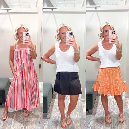 Loft in store try-on: EVERYTHING 40% off  
• striped cross back maxi dress - size 2 (could have done a size down).
• crochet sweater tank - size XS.
• Linen blend skort - size 2
• garden embroidered skirt - size XS.
• striped knotted midi dress - size XS.
• embroidered scalloped linen blend blouse - size XS.
• pull on linen eyelet shorts - size XS.
• braided high-rise kick crop jeans - size 25.
• star cozy cotton terry v-neck romper - size XS. 
(• striped romper - size XS.)
• striped perfect ribbed tank - size XS.
• white belted wide leg pants - size 2.
* sandals - tts. 


#LTKFindsUnder100 #LTKSaleAlert #LTKSeasonal