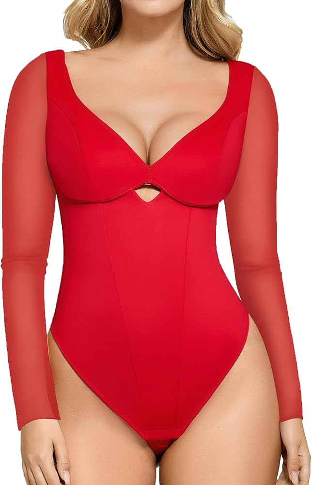 Popilush Shapewear Bodysuits for Women Tummy Control Long Sleeve Cutout Corset Tops Going Out V N... | Amazon (US)