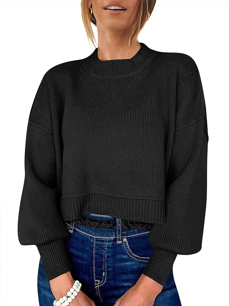 ANRABESS Women Crewneck Cropped Sweater Batwing Sleeve 2023 Trendy Oversized Side Slit Ribbed Kni... | Amazon (US)
