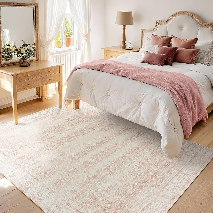 Light Pink Bedroom Rugs 6x9 Aesthetic Cute Boho Floral Feminine Soft Faux Wool Machine Washable C... | Amazon (US)