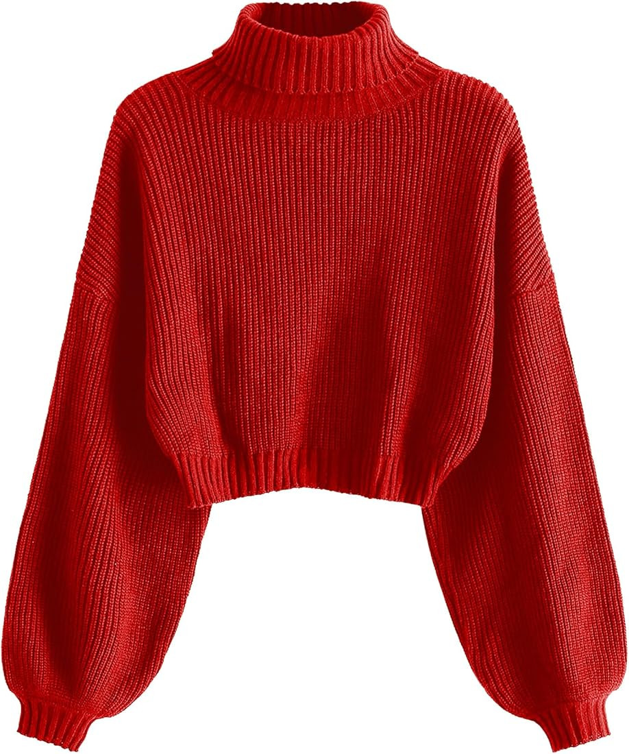 ZAFUL Women's Cropped Turtleneck Sweater Lantern Sleeve Ribbed Knit Pullover Sweater Jumper | Amazon (US)