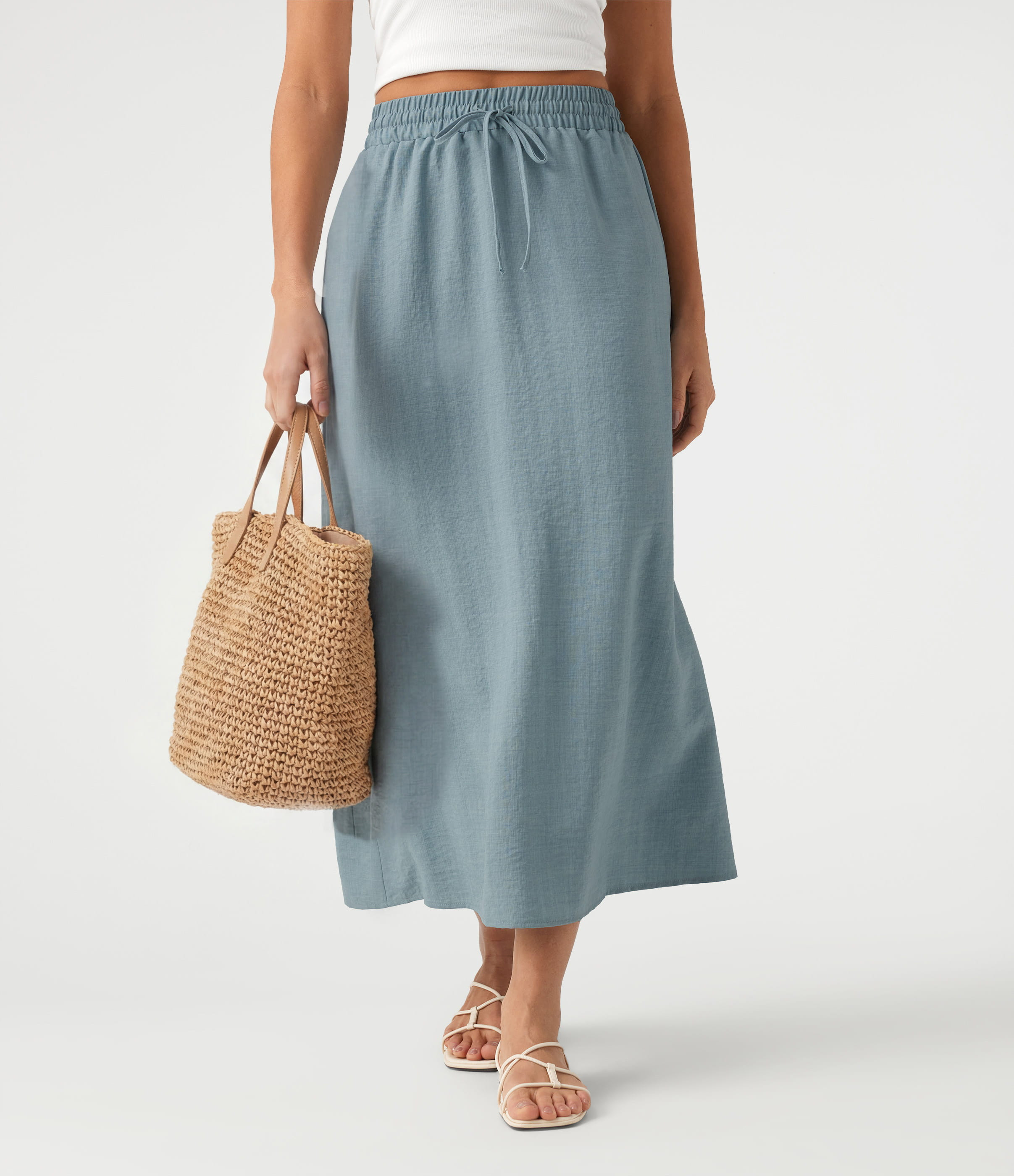 High Waisted Drawstring Maxi Linen-Feel Casual Skirt | HALARA