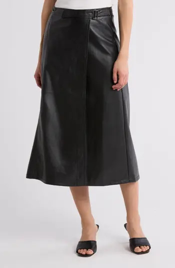 MAX STUDIO Faux Leather Wide Wrap Midi Skirt in Black-Black at Nordstrom Rack, Size X-Small | Nordstrom Rack