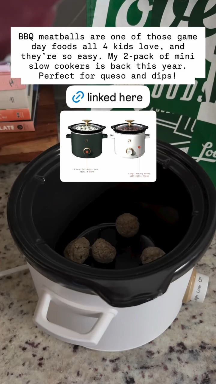 BBQ meatballs are one of those game day foods all 4 kids love, and they’re so easy. My 2-pack of mini slow cookers is back this year. Perfect for queso and dips!