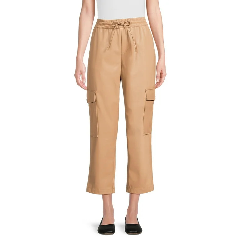 Time and Tru Women's Faux Leather Ankle Length Pull on Straight Leg Cargo Pants, 27" Inseam, Size... | Walmart (US)