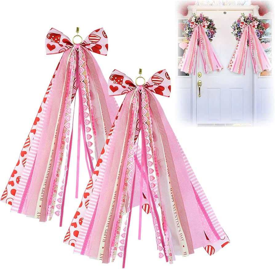 2 Pack Valentine's Day Wreath Bows Assorted Ribbon for Wreaths 30'' x 20'' Clip-On Wreath Sash Ri... | Amazon (US)
