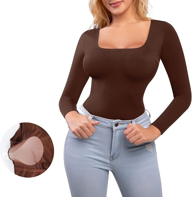 Popilush Square Neck Bodysuit for Women Long Sleeve Thong Shapewear Built In Bra Basic Jumpsuit C... | Amazon (US)