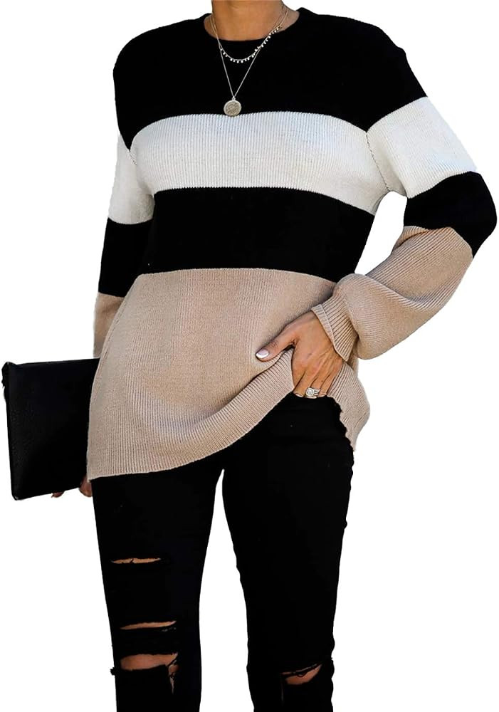 HZSONNE Women's Oversized Chunky Color Block Knitted Crew Pullover Sweaters Jumper Tops | Amazon (US)