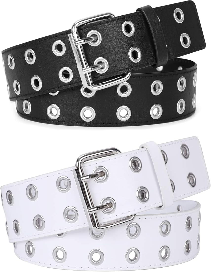 WERFORU 2 Pack Double Grommet Belt PU Leather Punk Belt for Women Jeans | Amazon (US)