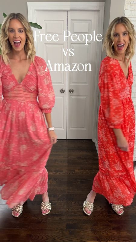 Free People golden hour maxi dress versus the Amazon inspired Free People dress! They are so similar! The Amazon Free People maxi dress is not prime and takes a bit to ship. Otherwise, it is true to size and really a cute dress!

#LTKfindsunder100 #LTKfindsunder50