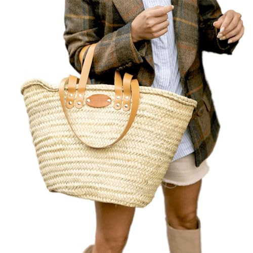 French Market Basket with Double Flat Leather Handles: Effortless Elegance for Every Occasion, beach bag, basket bag, straw shopping basket (X-Large) | Amazon (US)