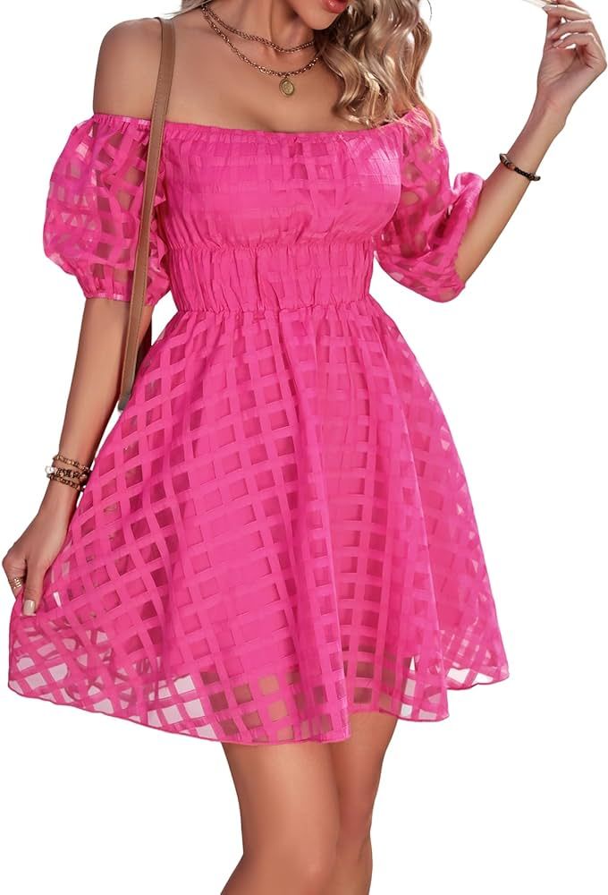 WDIRARA Women's Off The Shoulder Puff Sleeve Ruffle Hem Short Dress Elastic Waist Mini Dress | Amazon (US)