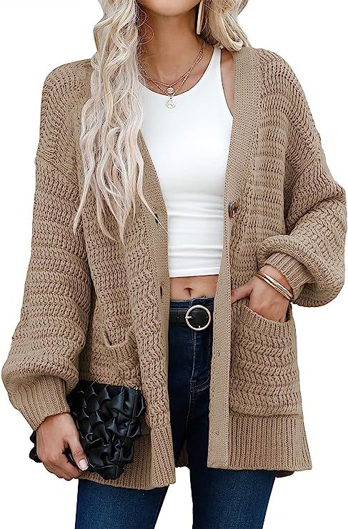 ANRABESS Women's Long Sleeve Cable Knit Chunky Sweater Open Front Cardigan Button Loose Outerwear... | Amazon (US)