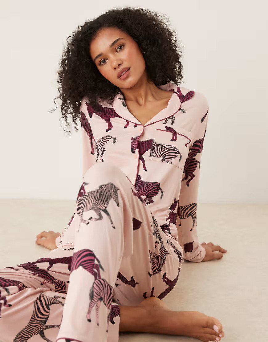 Chelsea Peers poly long sleeve camp collar pajama set in zebra print-pink | ASOS (Global)
