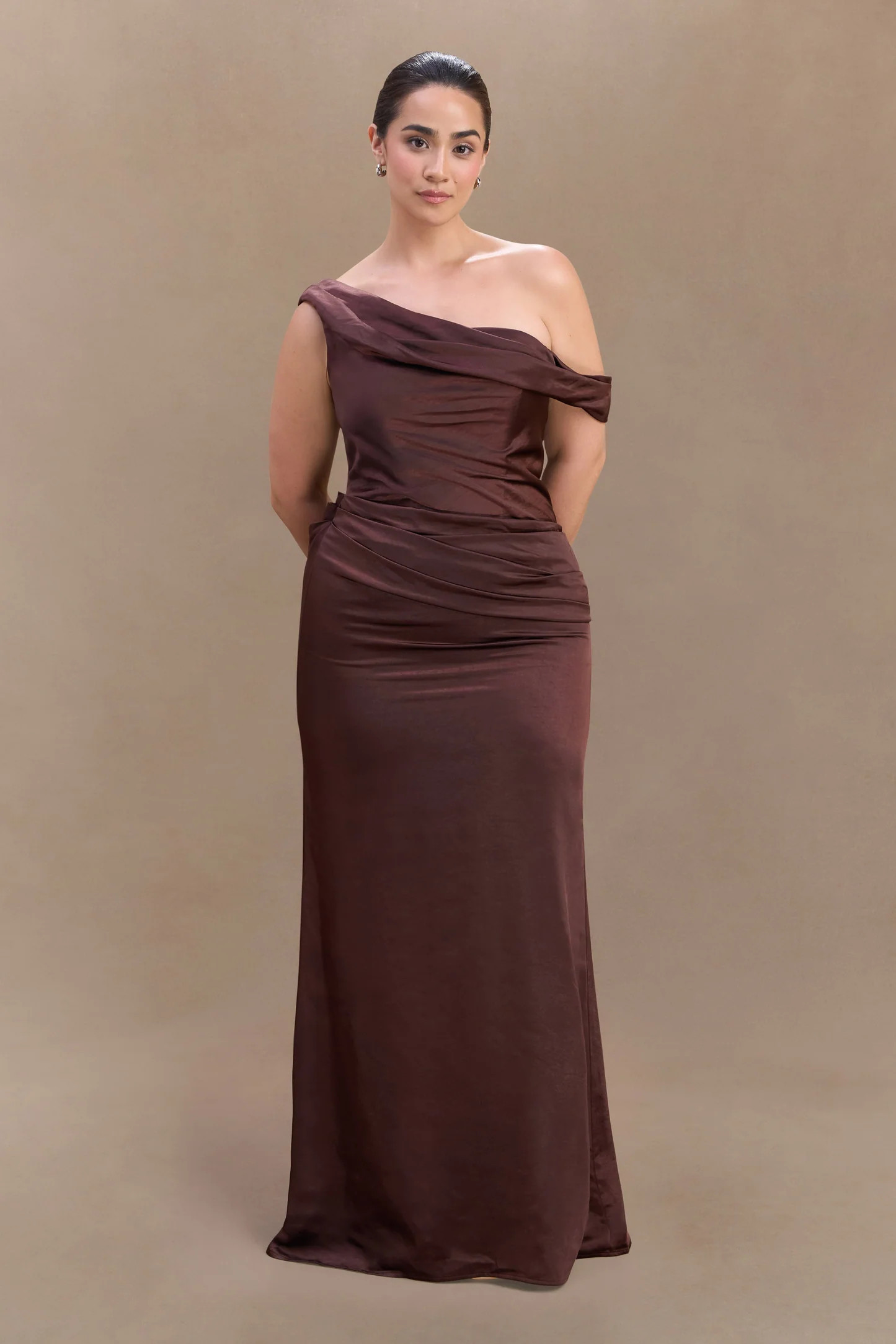 Dalia Off Shoulder Satin Maxi Dress - Dark Chocolate | Meshki UK
