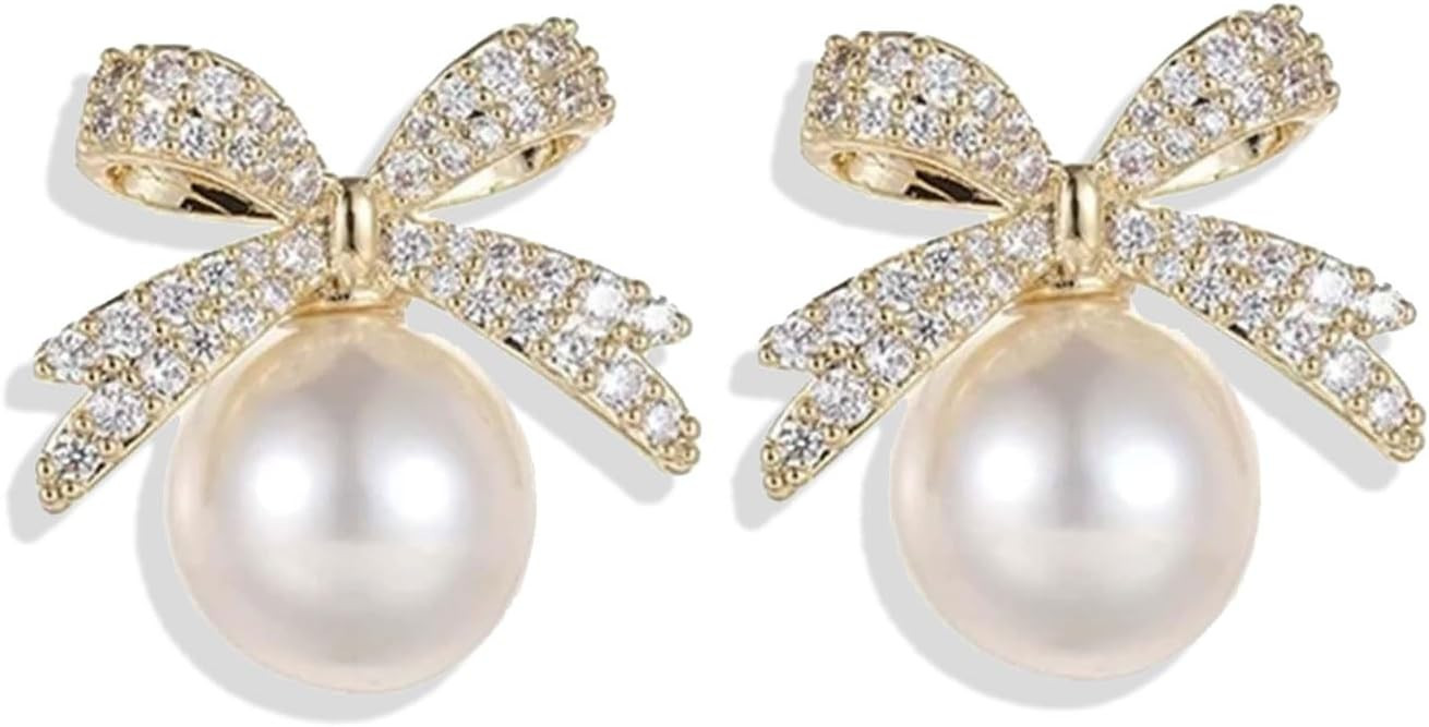 Pearl Bow Earrings Dainty Bow Earrings Rhinestone Bow Stud Earrings Pearl Statement Earrings for ... | Amazon (US)