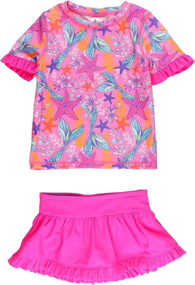 RuffleButts Girls UPF50+ Sun Protected Short Sleeve Ruffle Rash Guard Skirted 2-Piece Bikini | Amazon (US)