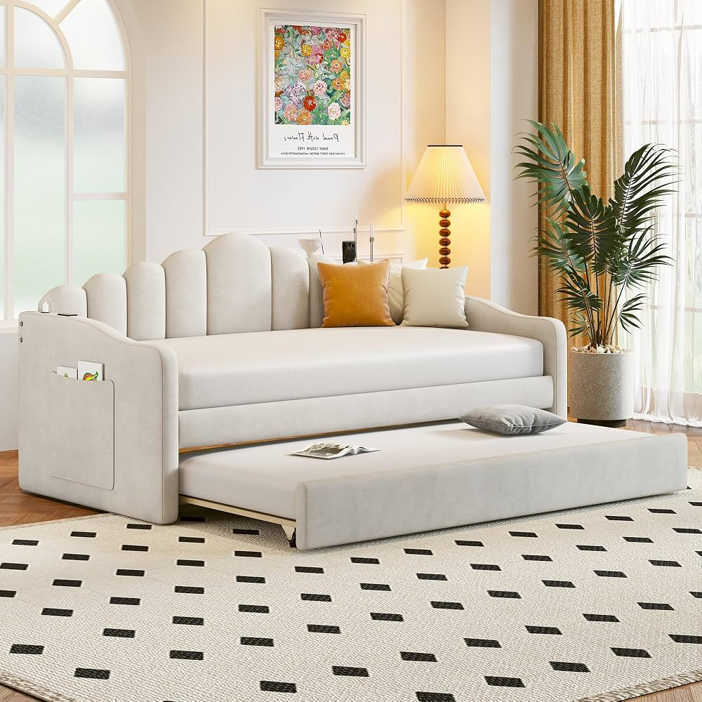 LostCat Twin Size Daybed with Trundle, Velvet Sofabed with USB Charging Ports, Upholstered Day Be... | Amazon (US)