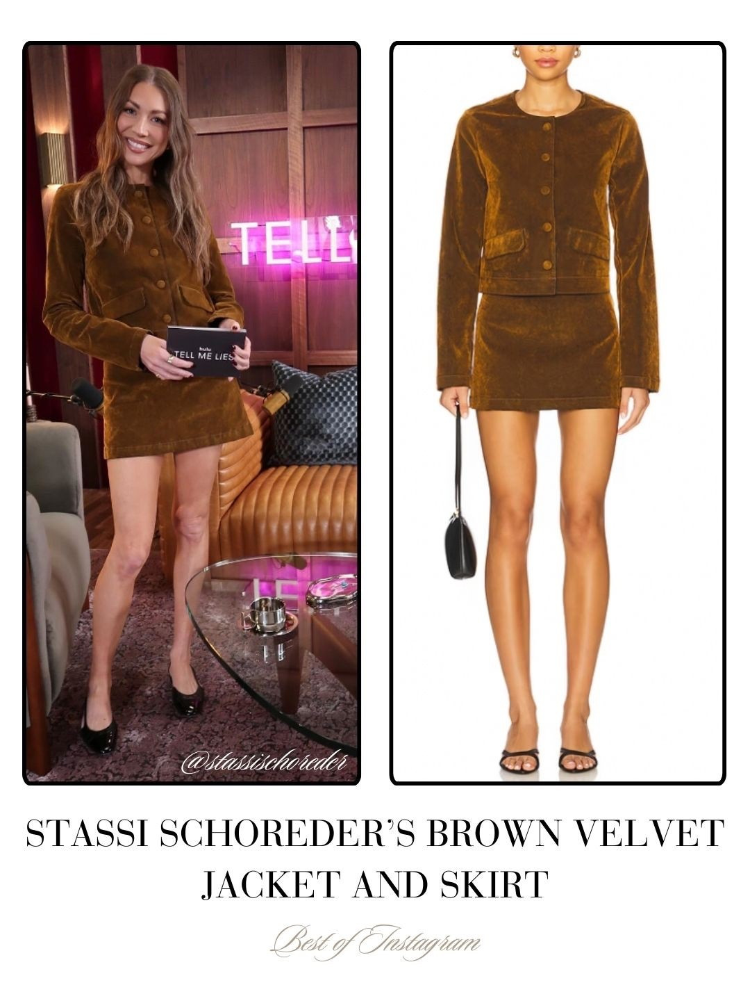 Stassi Schroder’s Brown Velvet Jacket and Skirt 📸 = @stassischroder 