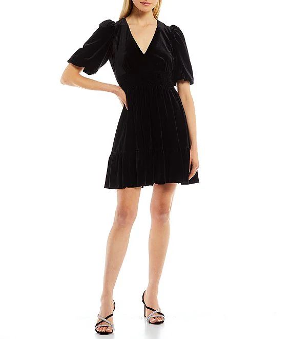 Thelma Short Bubble Sleeve V-Neck Smocked Waist Velvet Dress | Dillards
